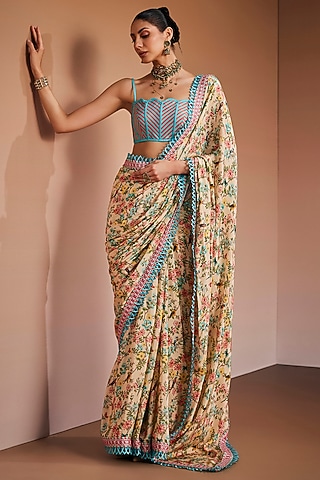Beige Silk Floral Printed Saree Set by The Royaleum Atelier