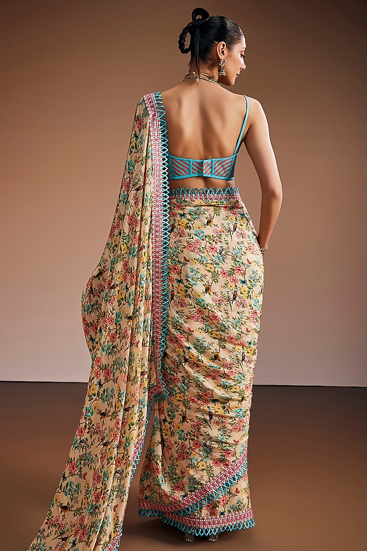Beige Silk Floral Printed Party Wear Saree Set by The Royaleum Atelier at Pernia's Pop Up Shop