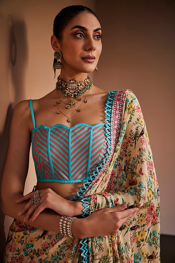 Beige Silk Floral Printed Party Wear Saree Set by The Royaleum Atelier at Pernia's Pop Up Shop