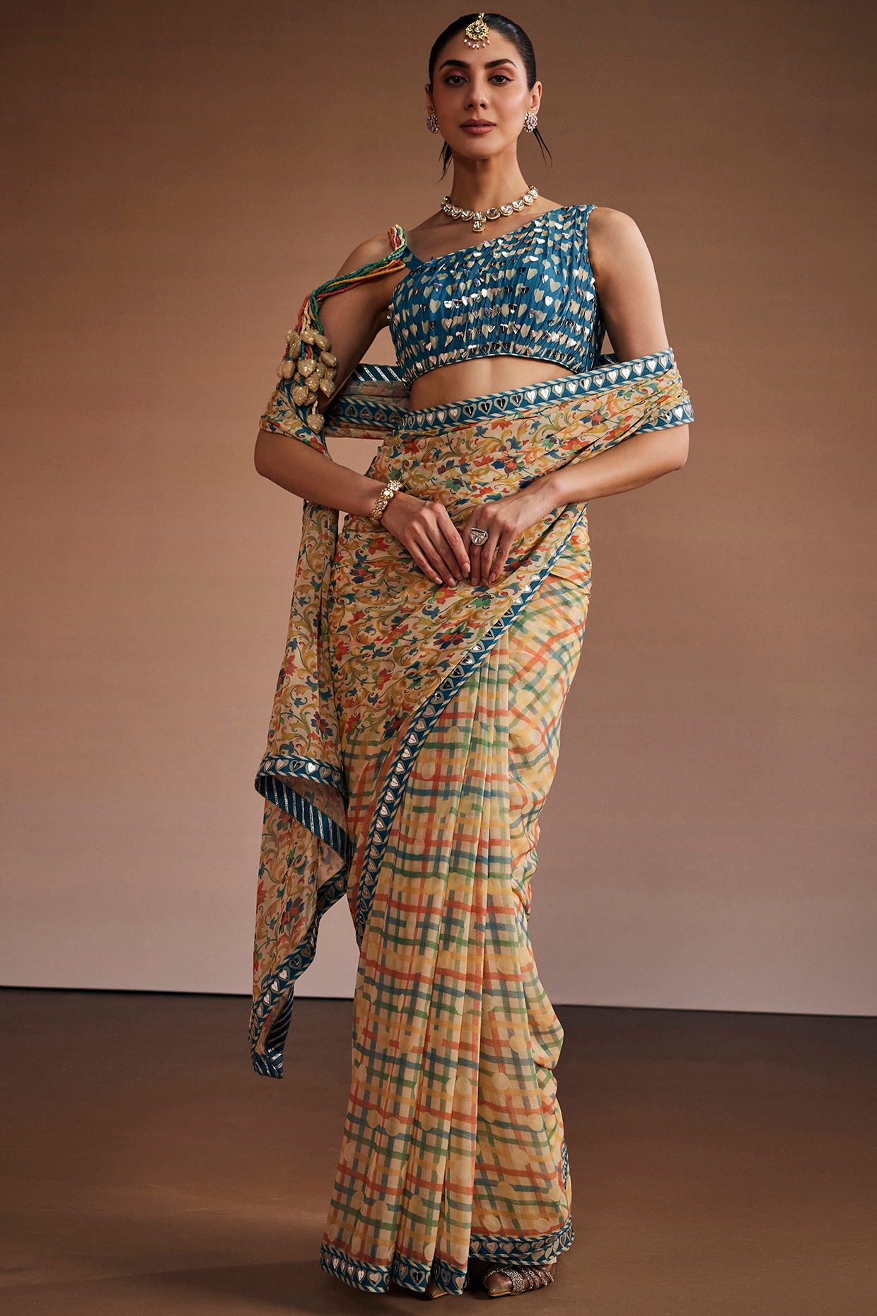 The Royaleum Atelier Warm Grey Silk Floral Printed Saree Set