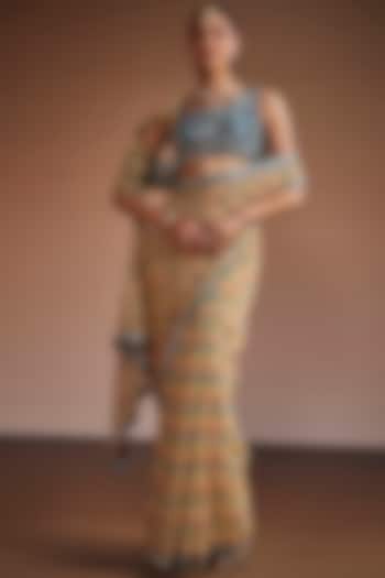 Warm Grey Silk Floral Printed Wedding Saree Set by The Royaleum Atelier at Pernia's Pop Up Shop