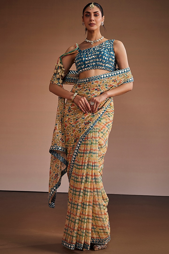 Warm Grey Silk Floral Printed Wedding Saree Set by The Royaleum Atelier at Pernia's Pop Up Shop