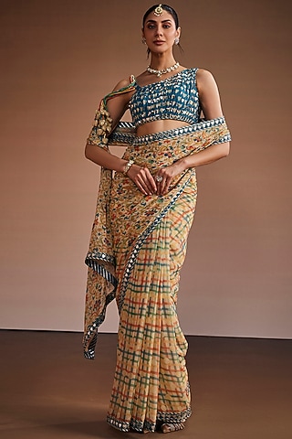 Warm Grey Silk Floral Printed Saree Set by The Royaleum Atelier