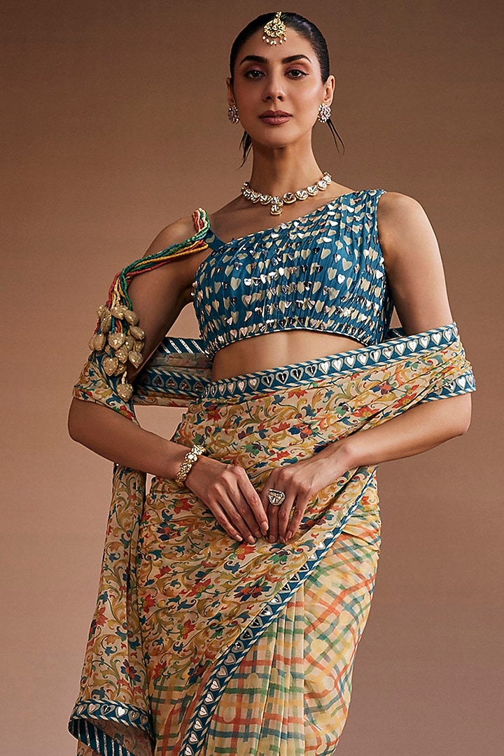 Warm Grey Silk Floral Printed Wedding Saree Set by The Royaleum Atelier at Pernia's Pop Up Shop