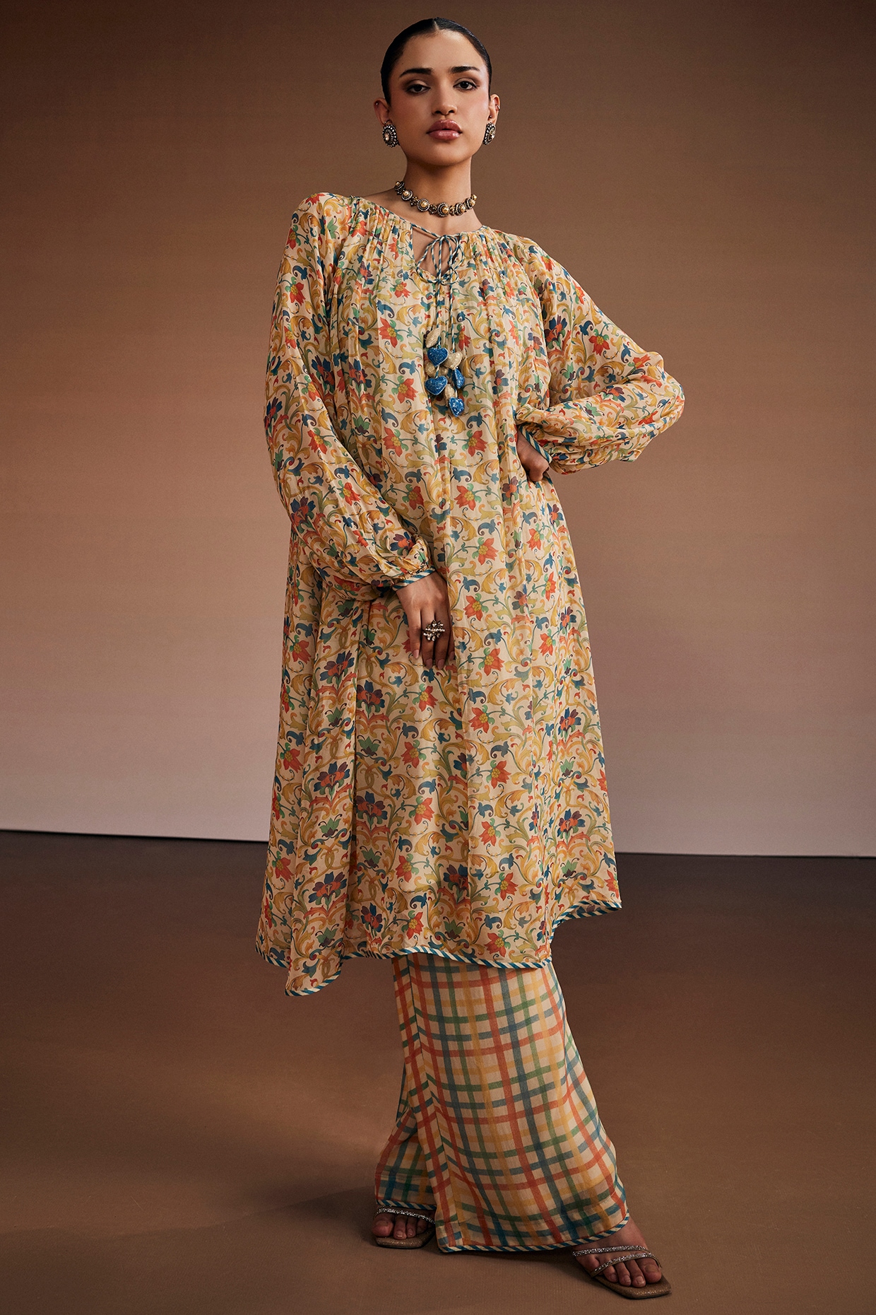 The Royaleum Atelier Warm Grey Silk Floral Printed Kaftan Set
