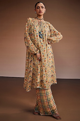 Warm Grey Silk Floral Printed Kaftan Set by The Royaleum Atelier