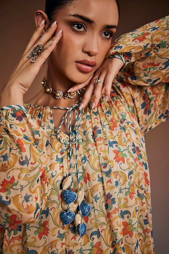 Warm Grey Silk Floral Printed Kaftan Set by The Royaleum Atelier at Pernia's Pop Up Shop