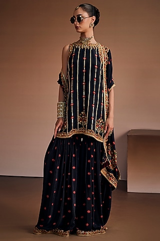 Noir Black Silk Sharara Set by The Royaleum Atelier