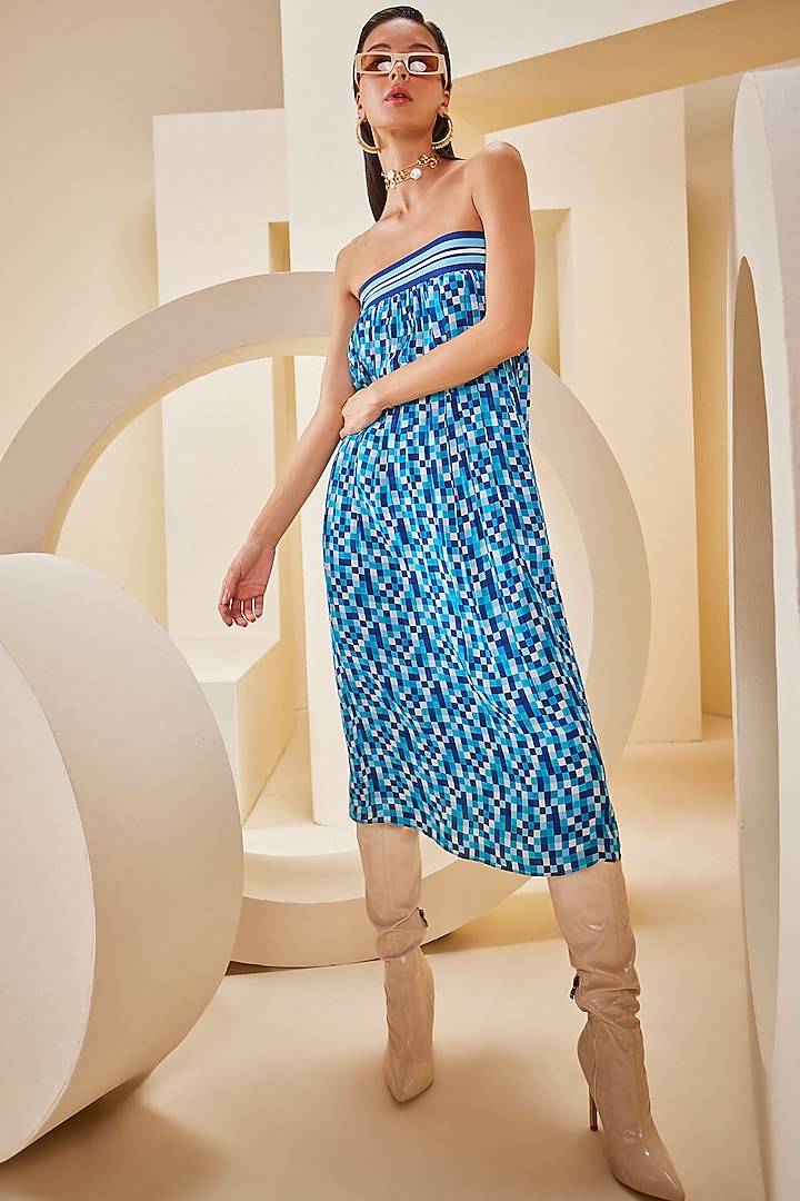 Blue Silk Printed Strapless Dress by The Royaleum Atelier at Pernia's Pop Up Shop