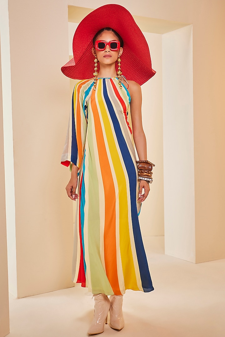 Multi-Colored Silk Rainbow Striped One-Shoulder Dress by The Royaleum Atelier at Pernia's Pop Up Shop