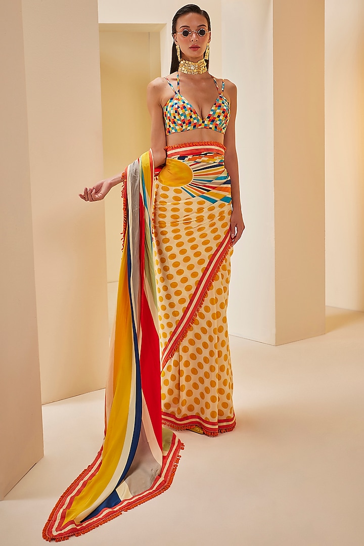 Yellow Silk Polka Dot Striped Saree Set by The Royaleum Atelier at Pernia's Pop Up Shop