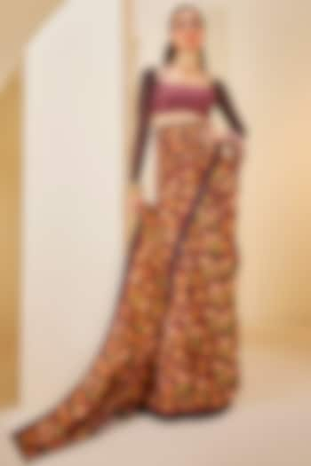 Brown Silk Printed Saree Set by The Royaleum Atelier at Pernia's Pop Up Shop