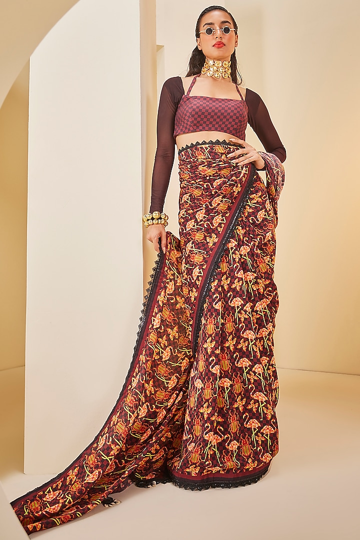 Brown Silk Printed Saree Set by The Royaleum Atelier at Pernia's Pop Up Shop