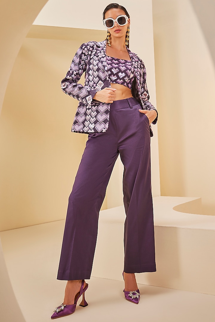 Purple & White Twill Satin Geometric Jacket Set by The Royaleum Atelier at Pernia's Pop Up Shop