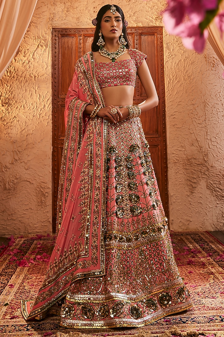 Pink Silk Floral Printed & Hand Embroidered Wedding Lehenga Set by The Royaleum Atelier at Pernia's Pop Up Shop