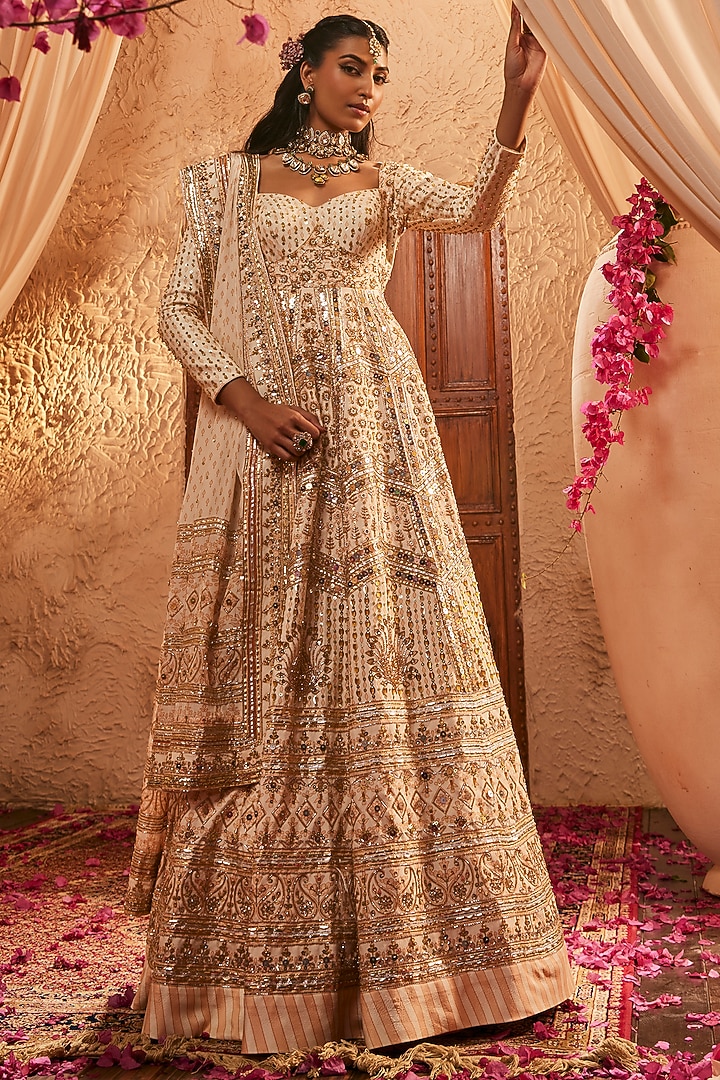 Ivory Silk Hand Embroidered Bridal Anarkali Set by The Royaleum Atelier at Pernia's Pop Up Shop