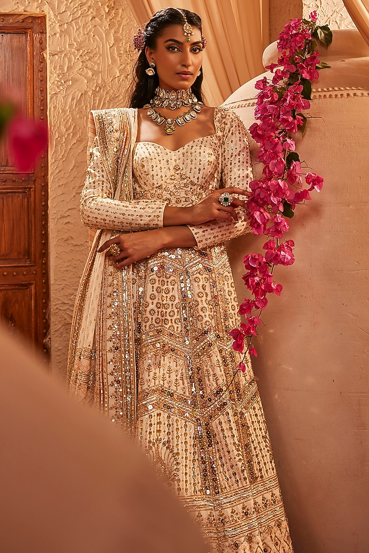 Ivory Silk Hand Embroidered Bridal Anarkali Set by The Royaleum Atelier at Pernia's Pop Up Shop