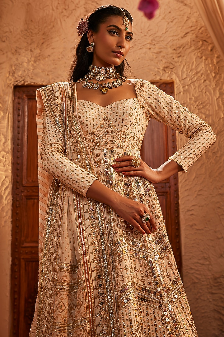 Ivory Silk Hand Embroidered Bridal Anarkali Set by The Royaleum Atelier at Pernia's Pop Up Shop