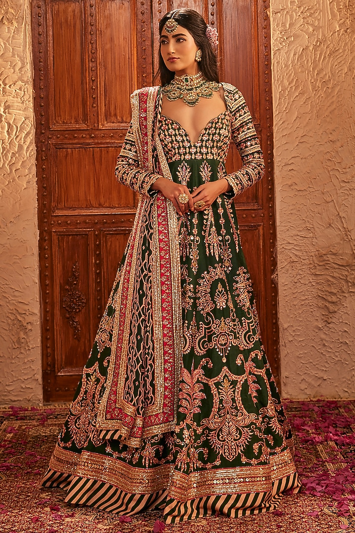Bottle Green Silk Hand Embroidered Bridal Anarkali Set by The Royaleum Atelier at Pernia's Pop Up Shop