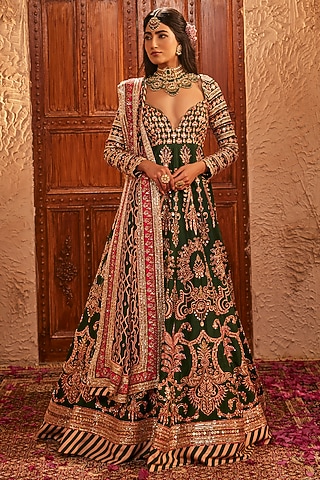 Bottle Green Silk Hand Embroidered Anarkali Set by The Royaleum Atelier