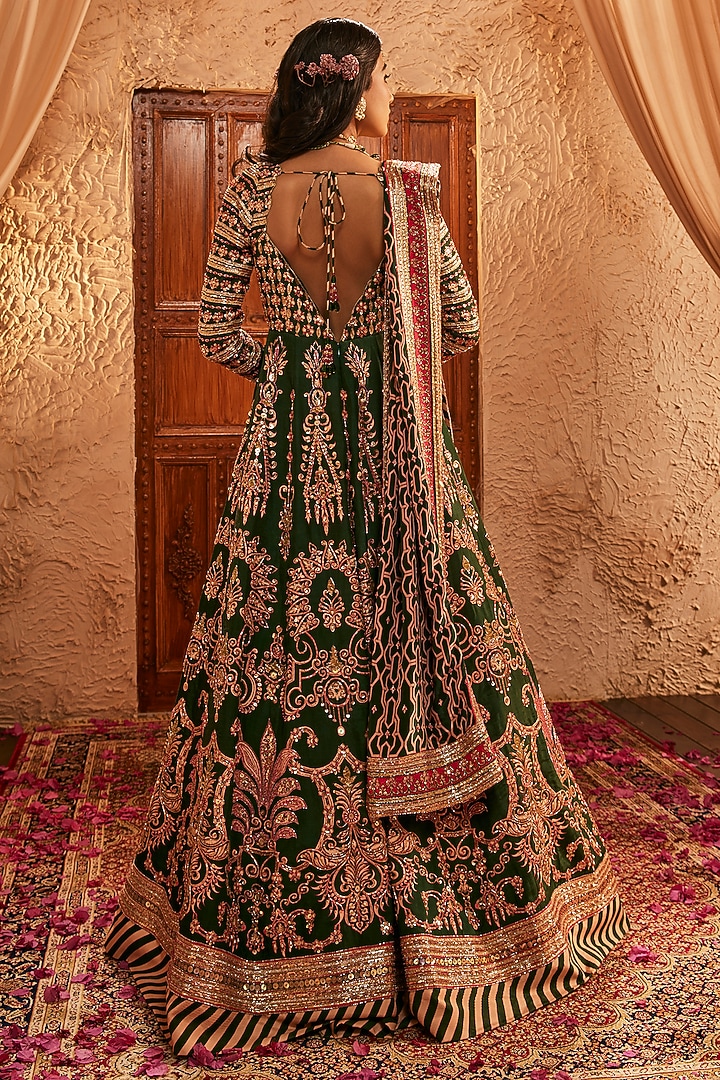 Bottle Green Silk Hand Embroidered Bridal Anarkali Set by The Royaleum Atelier at Pernia's Pop Up Shop
