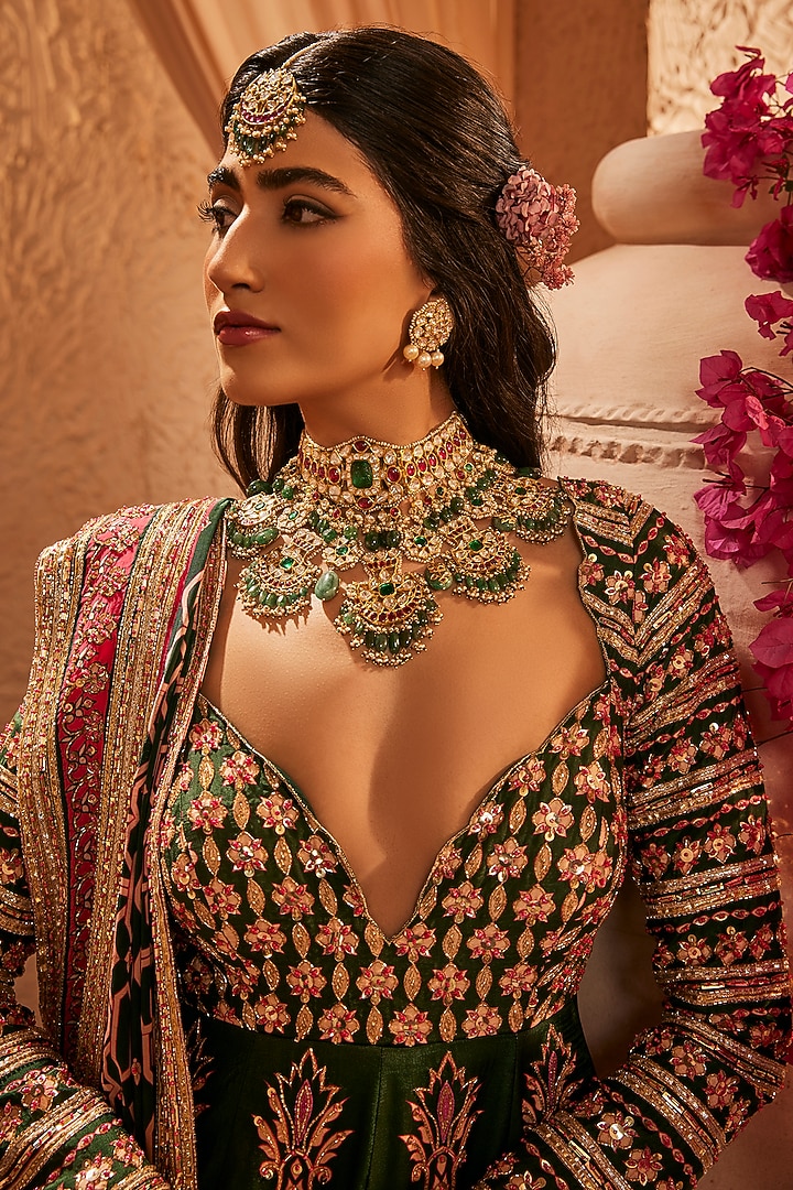 Bottle Green Silk Hand Embroidered Bridal Anarkali Set by The Royaleum Atelier at Pernia's Pop Up Shop