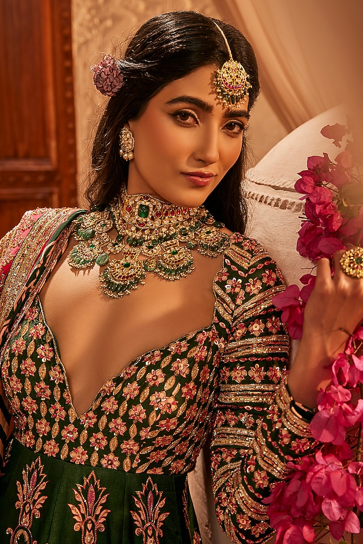 Bottle Green Silk Hand Embroidered Bridal Anarkali Set by The Royaleum Atelier at Pernia's Pop Up Shop