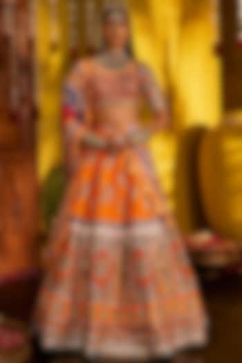 Orange Silk Hand Embroidered Wedding Lehenga Set by The Royaleum Atelier at Pernia's Pop Up Shop