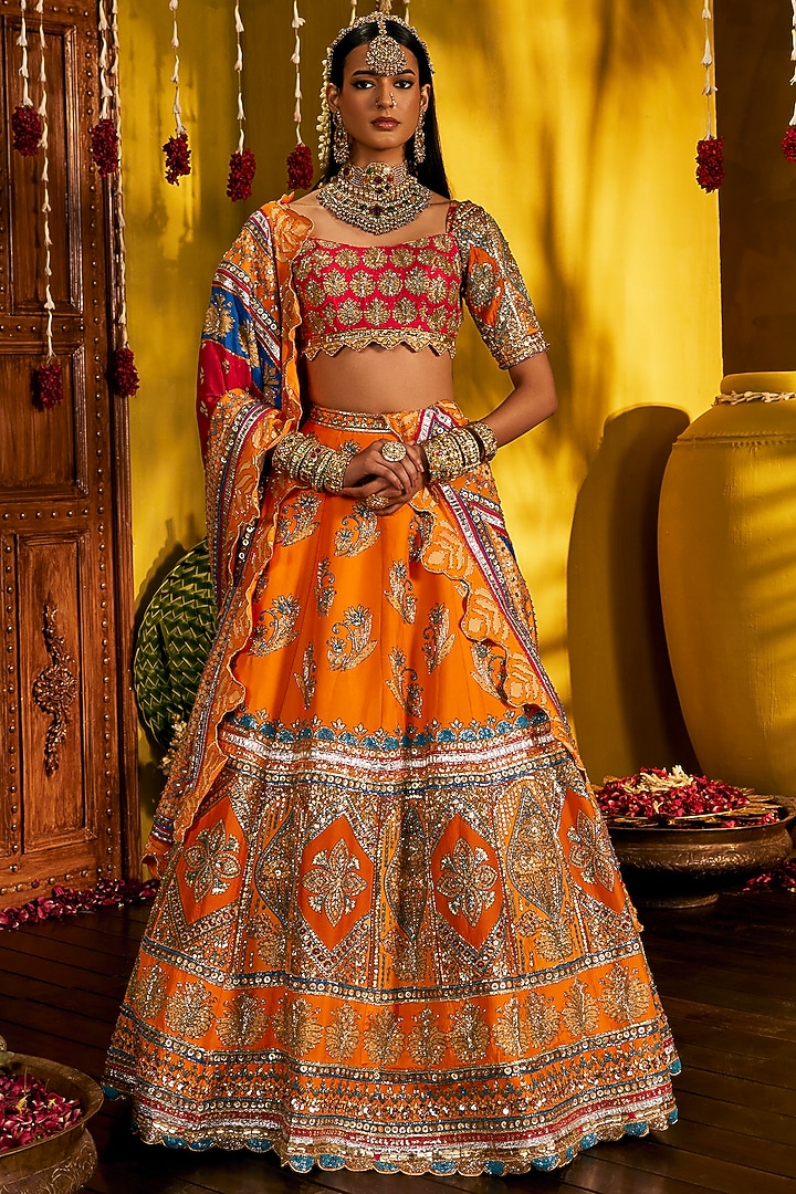 Orange Silk Hand Embroidered Wedding Lehenga Set by The Royaleum Atelier at Pernia's Pop Up Shop