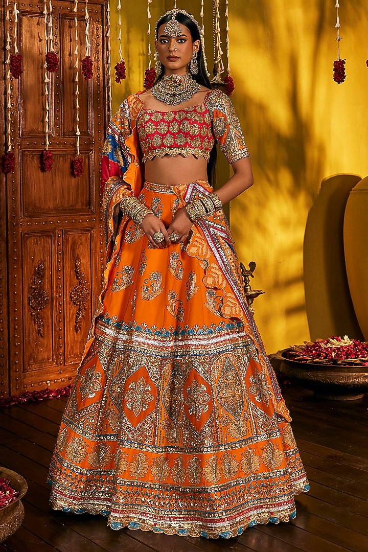 Orange Silk Hand Embroidered Bridal Lehenga Set by The Royaleum Atelier at Pernia's Pop Up Shop