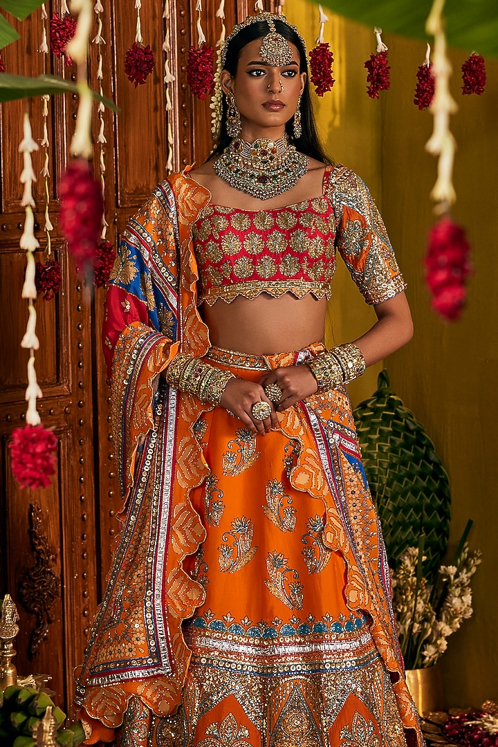 Orange Silk Hand Embroidered Bridal Lehenga Set by The Royaleum Atelier at Pernia's Pop Up Shop