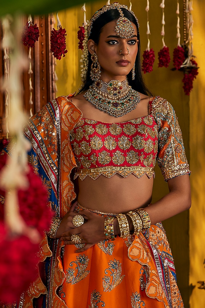 Orange Silk Hand Embroidered Bridal Lehenga Set by The Royaleum Atelier at Pernia's Pop Up Shop