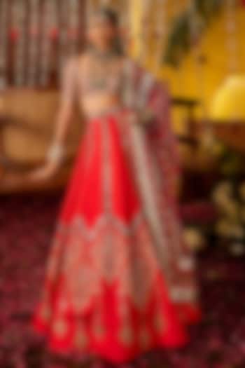 Red Silk Hand Embroidered Wedding Lehenga Set by The Royaleum Atelier at Pernia's Pop Up Shop