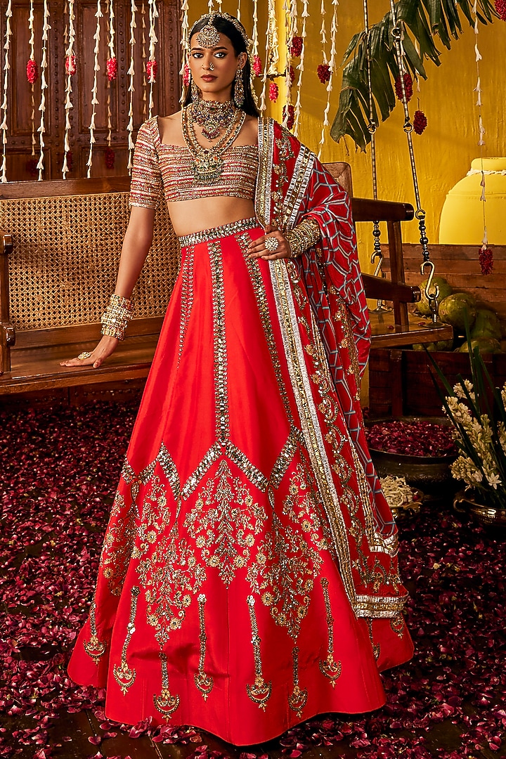 Red Silk Hand Embroidered Wedding Lehenga Set by The Royaleum Atelier at Pernia's Pop Up Shop