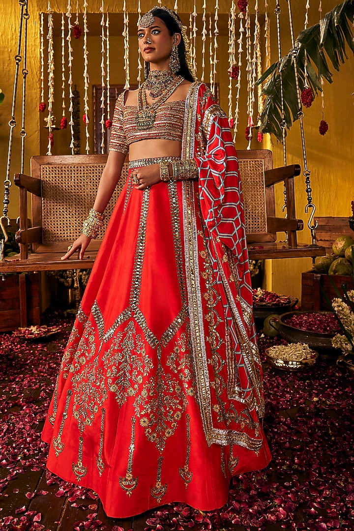 Red Silk Hand Embroidered Bridal Lehenga Set by The Royaleum Atelier at Pernia's Pop Up Shop