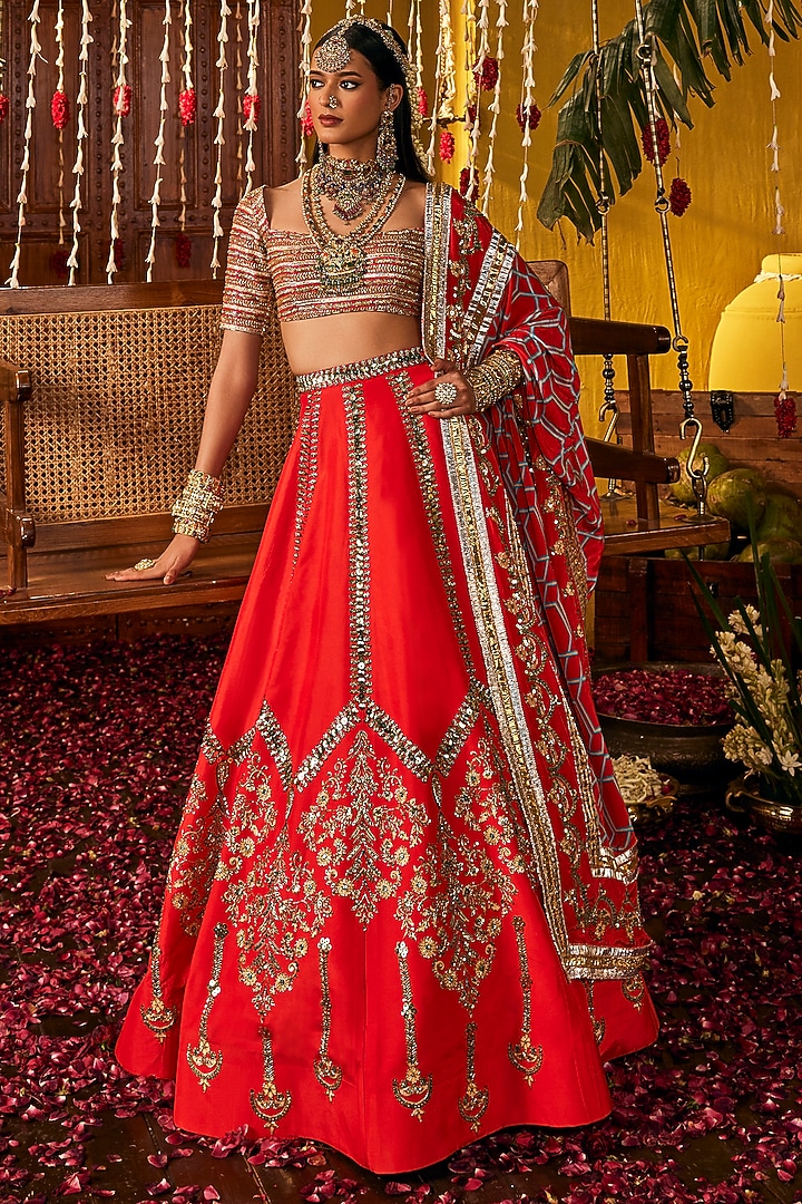 Red Silk Hand Embroidered Bridal Lehenga Set by The Royaleum Atelier at Pernia's Pop Up Shop