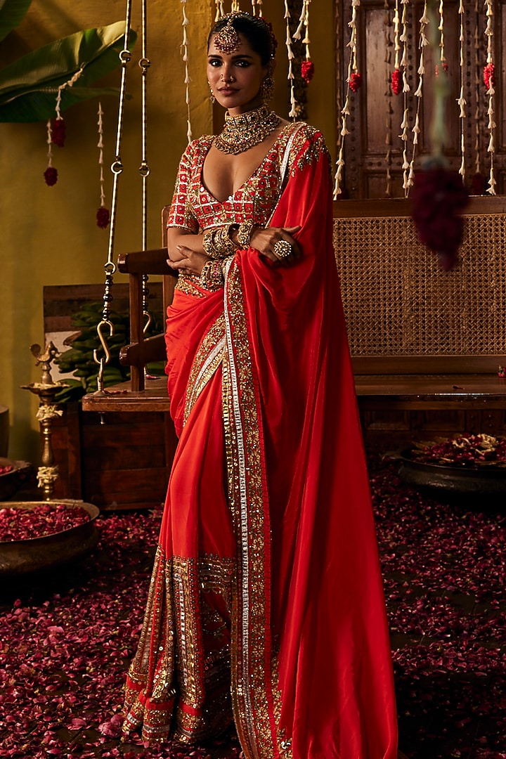 Red Silk Hand Embroidered Draped Wedding Saree Set by The Royaleum Atelier at Pernia's Pop Up Shop