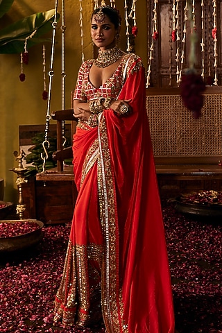 Red Silk Hand Embroidered Draped Saree Set by The Royaleum Atelier