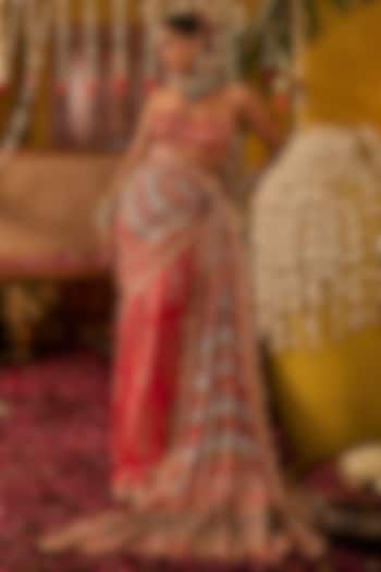 Pink Silk Hand Embroidered Reception Saree Set by The Royaleum Atelier at Pernia's Pop Up Shop