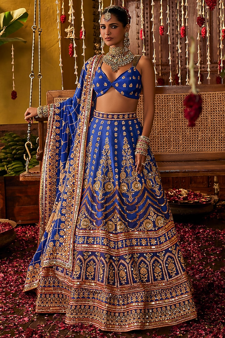 Blue Silk Hand Embroidered Wedding Lehenga Set by The Royaleum Atelier at Pernia's Pop Up Shop