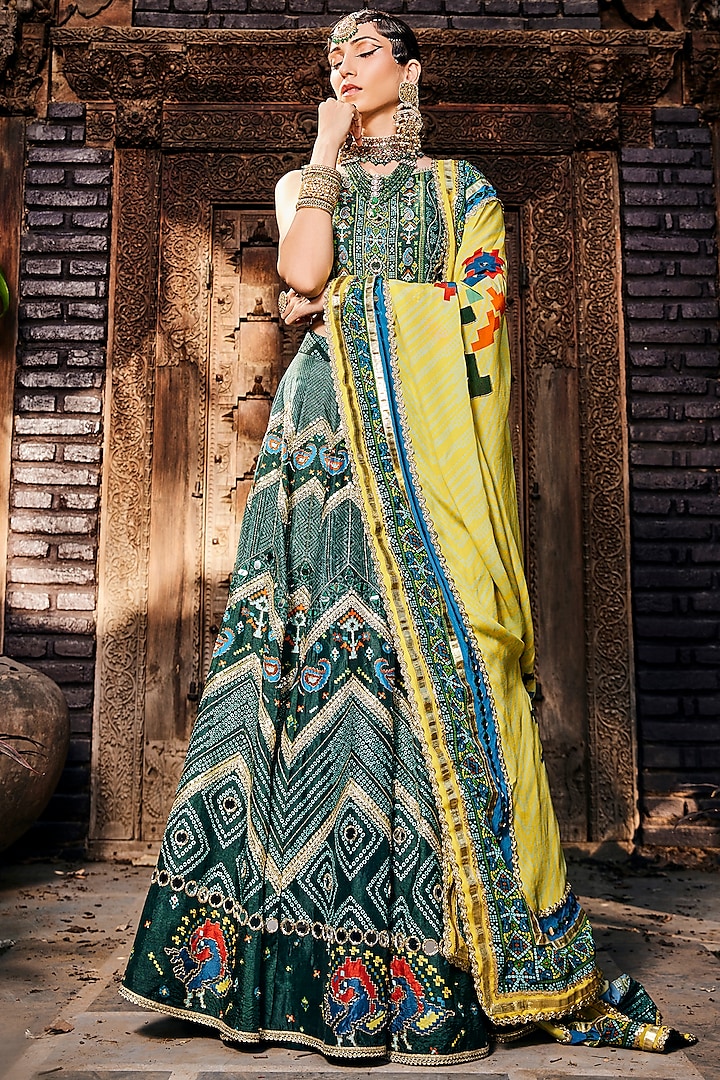 Green Printed & Embroidered Wedding Lehenga Set by The Royaleum Atelier at Pernia's Pop Up Shop