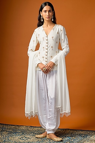 White Pure Crepe Balloon Pant Set by Rayasha Khan