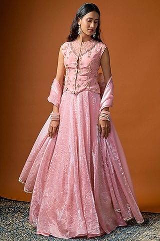 Bubble Pink Tissue Silk Lehenga Set by Rayasha Khan