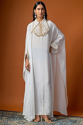 White Pure Crepe Zari Embroidered Kaftan by Rayasha Khan