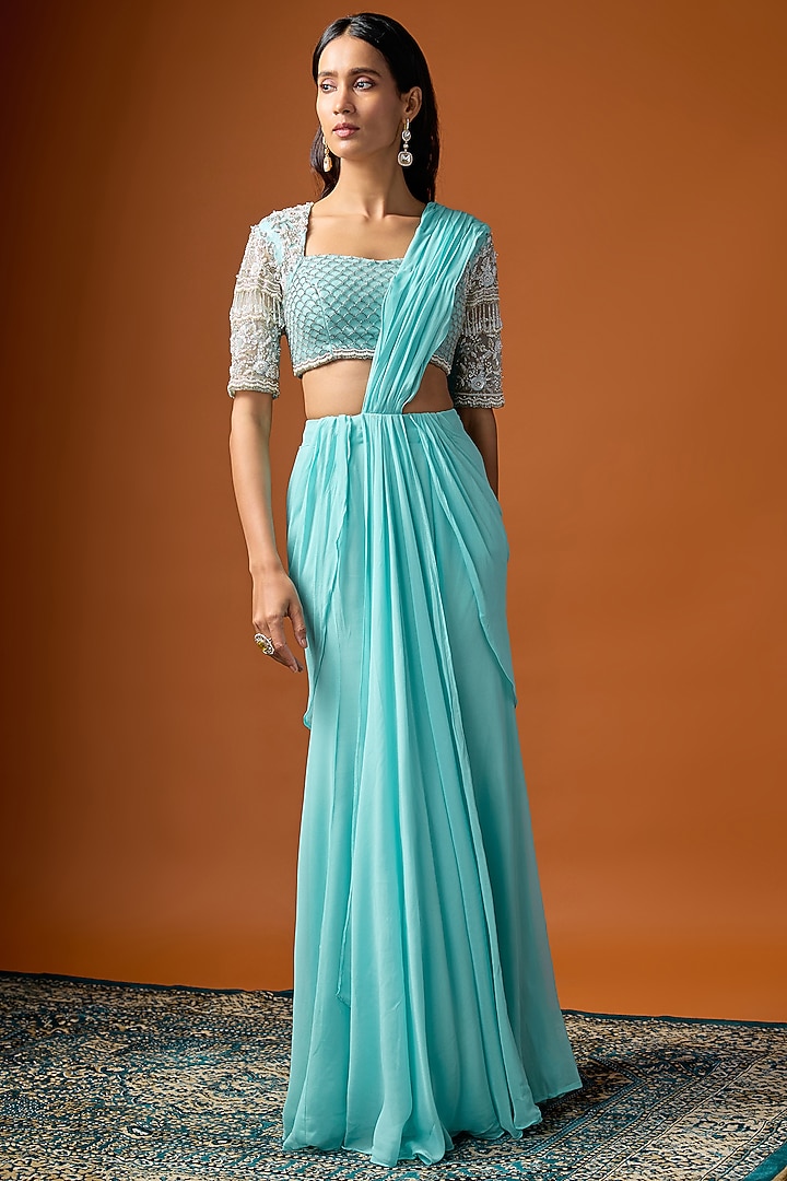 Cyan Blue Pure Georgette Pre-Draped Wedding Saree Set by Rayasha Khan at Pernia's Pop Up Shop