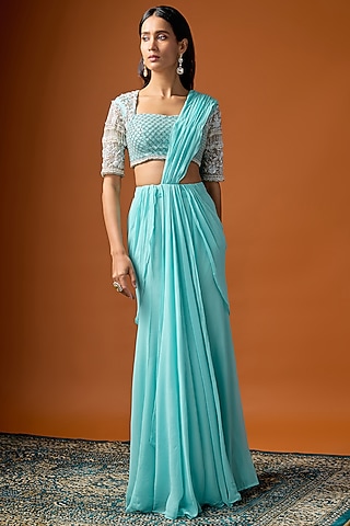 Cyan Blue Pure Georgette Pre-Draped Saree Set by Rayasha Khan