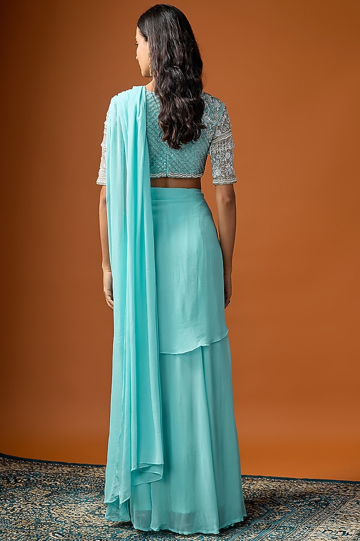 Cyan Blue Pure Georgette Pre-Draped Wedding Saree Set by Rayasha Khan at Pernia's Pop Up Shop