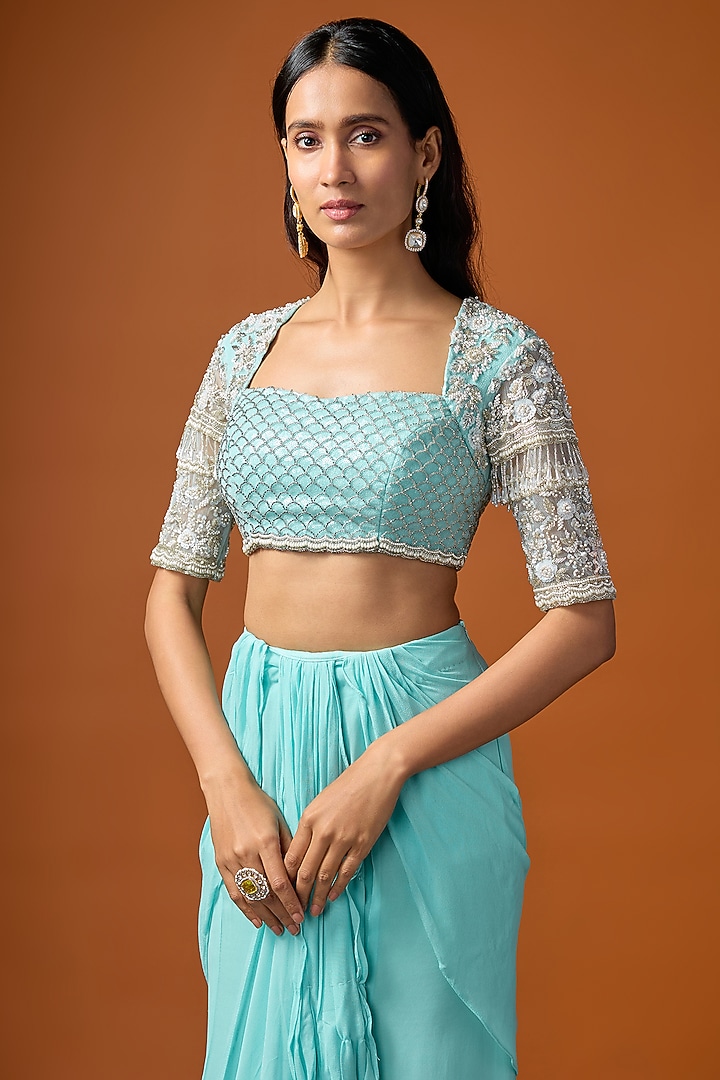 Cyan Blue Pure Georgette Pre-Draped Wedding Saree Set by Rayasha Khan at Pernia's Pop Up Shop