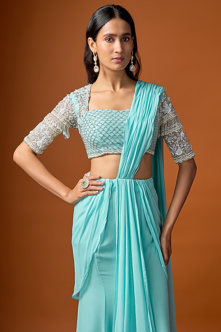 Cyan Blue Pure Georgette Pre-Draped Wedding Saree Set by Rayasha Khan at Pernia's Pop Up Shop