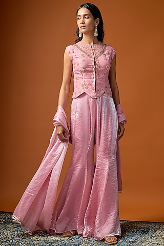 Baby Pink Tissue Silk Sharara Set by Rayasha Khan